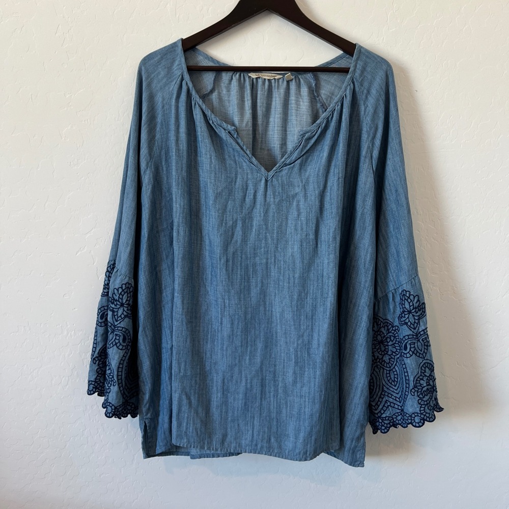 Soft Surroundings Blouse Women 3X Blue Embroidered Bell Sleeve Lyocell Boho